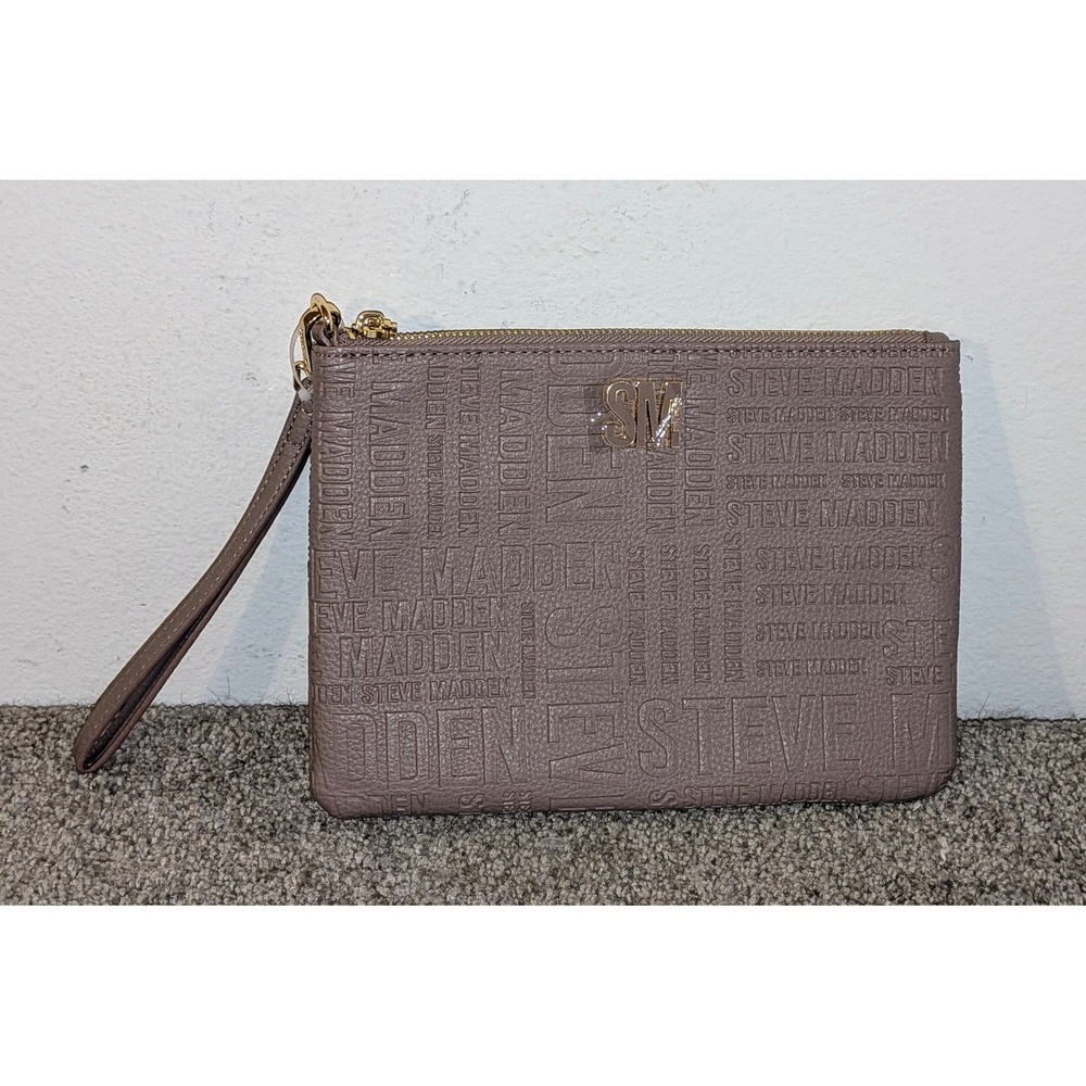 Steve Madden Tan Beige Mixed Logo Embossed Wristlet Clutch Bag NWT $44